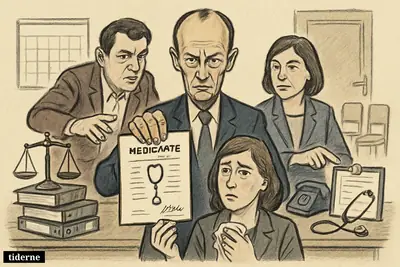 Caricature of Friedrich Merz, Lars Klingbeil, and Bärbel Bas advancing stricter sick-leave rules in a government meeting room.