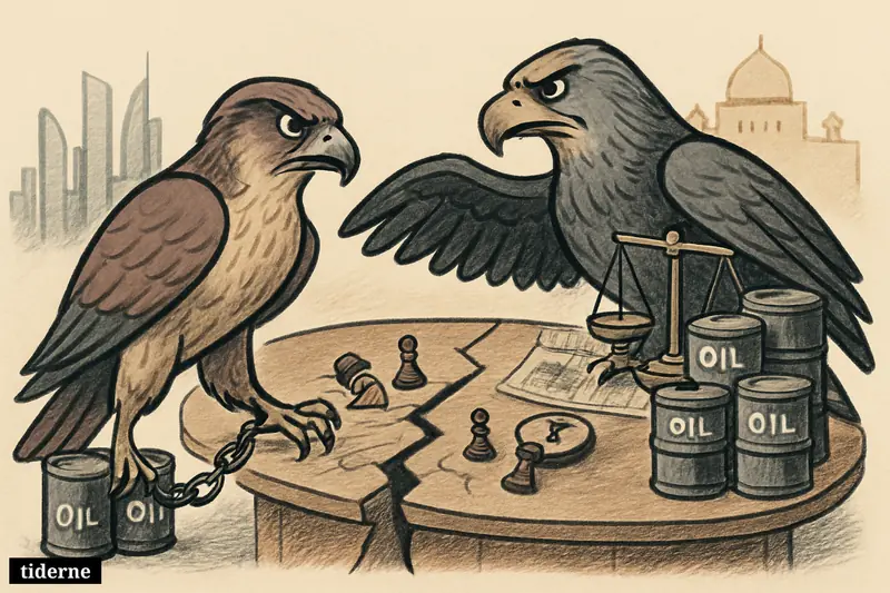 A falcon and eagle confront each other across a cracked oil council table with barrels, chess pieces, and Gulf landmarks behind them.