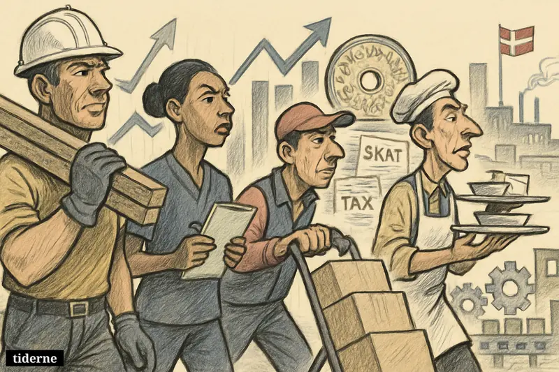 Caricature of foreign workers in several industries carrying Denmark’s economy forward with charts, coins, tax papers, and empty job stations around them.