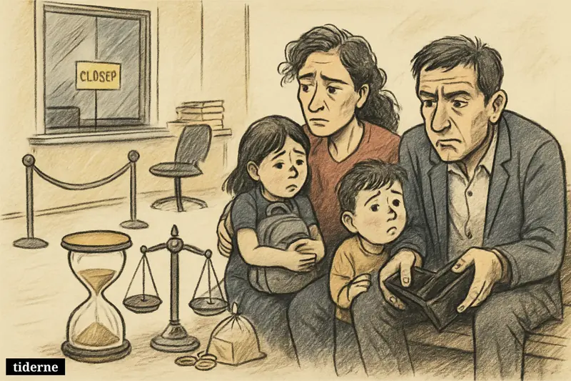 A worried family waits in a government hall beside an hourglass, scales, coins, and closed service window, symbolizing immigration limbo.