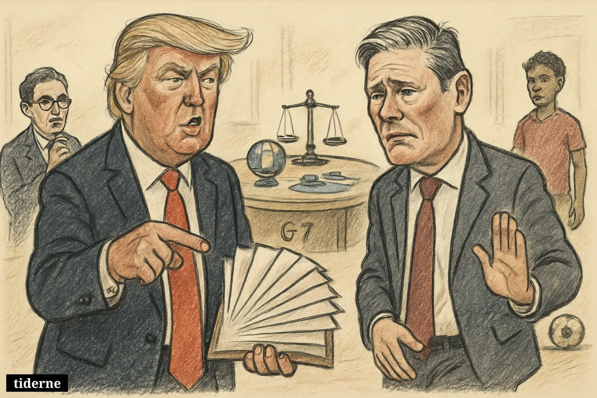 Trump brandishes a folder of deal papers as Starmer steps away, with summit symbols, a narrow strait model, and smaller figures behind them.