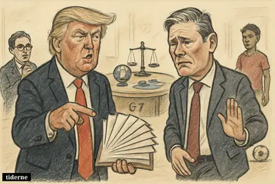 Trump brandishes a folder of deal papers as Starmer steps away, with summit symbols, a narrow strait model, and smaller figures behind them.