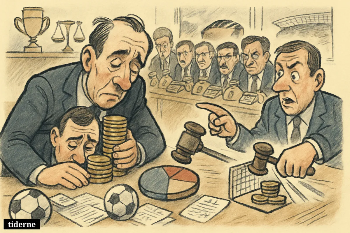 Anxious football club executives in a boardroom react as money is swept into a penalty box beneath a pie chart and legal symbols.