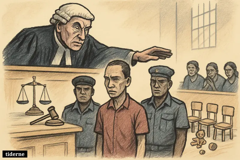 Caricature courtroom scene in Kampala with judge sentencing a tense defendant, guards nearby, and four empty children’s chairs with toys.