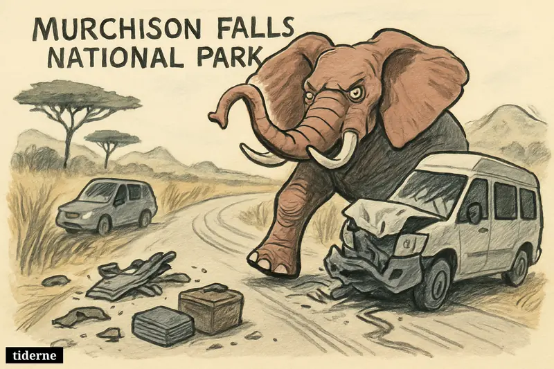 A huge elephant blocks a park road beside wrecked vehicles, broken glass, and skid marks in a national park setting.