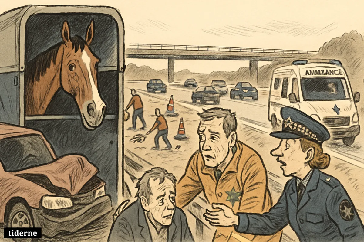 A calm horse peers from a damaged trailer on a motorway shoulder as emergency workers assist a driver and traffic resumes. (AI-genereret illustration)