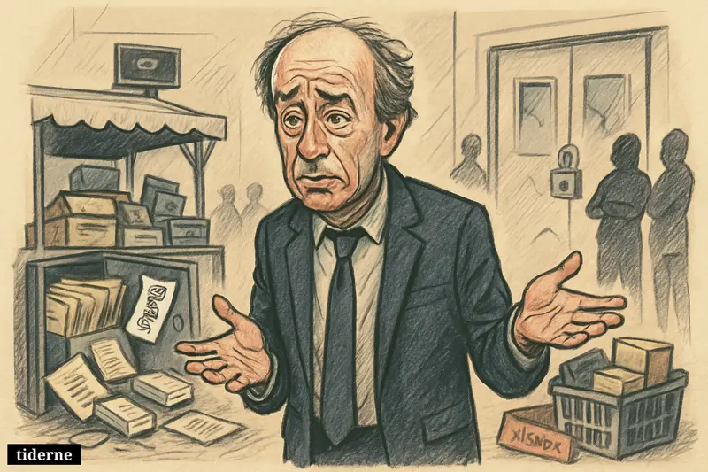 Caricature of Rory Collins in a breached medical data room as health records spill toward a marketplace stall and participants look away distrustfully.