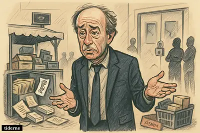 Caricature of Rory Collins in a breached medical data room as health records spill toward a marketplace stall and participants look away distrustfully.