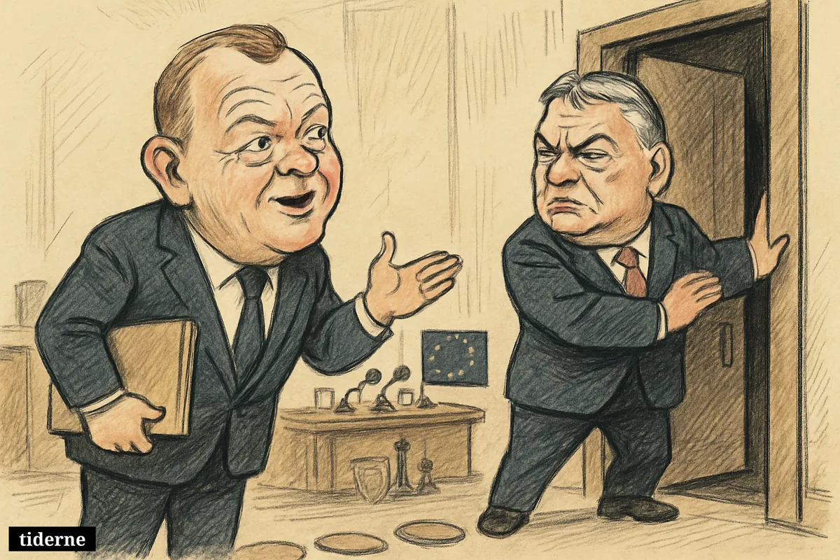 Caricature of Lars Løkke Rasmussen urging Ukraine forward while Viktor Orbán resists at a Brussels EU negotiation doorway. (AI-genereret illustration)