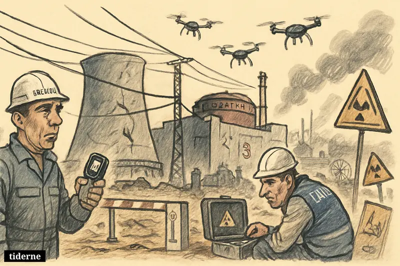 Caricature of Zaporizjzja nuclear plant under war threat, with drones, damaged power lines, anxious safety staff, and distant Chernobyl echoes.