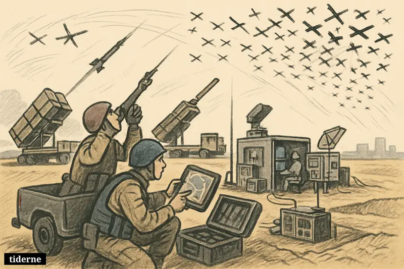 A layered Ukrainian air-defense scene with soldiers, interceptor drones, command screens, and missile launchers confronting an incoming drone swarm.