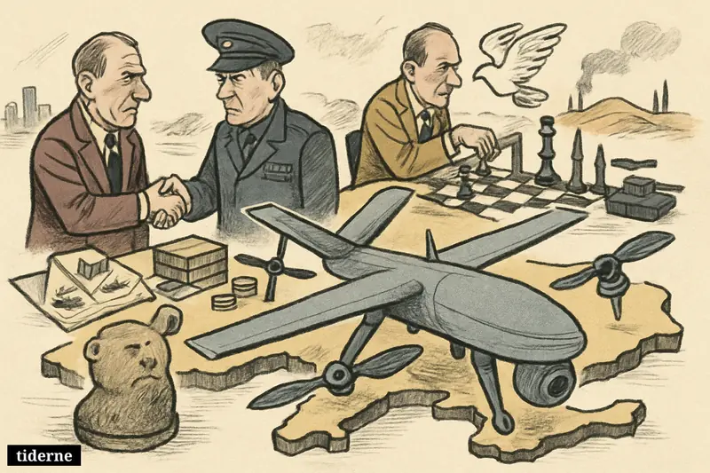 Exaggerated drones and diplomats around a Ukraine-shaped table, with war chess symbols, coins, and a dove suggesting geopolitical gains and ceasefire.