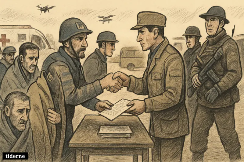 Released prisoners cross paths at a guarded border checkpoint as Ukrainian and Russian soldiers oversee a tense wartime exchange.