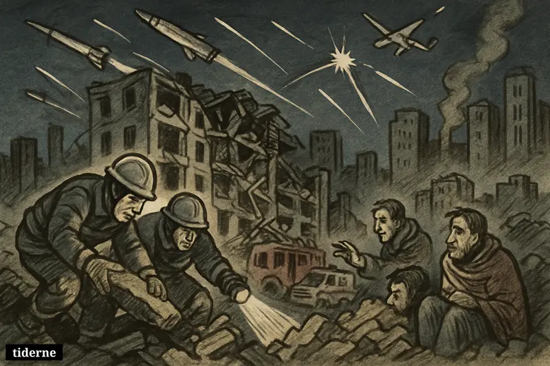 Rescue workers search a collapsed Kyiv apartment block after an air raid as missiles, drones, and air-defense bursts fill the sky.