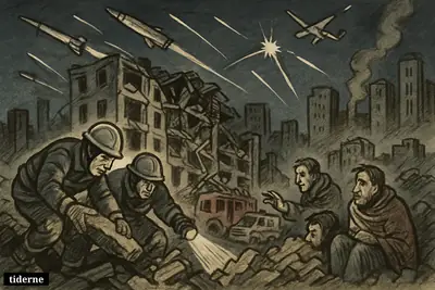 Rescue workers search a collapsed Kyiv apartment block after an air raid as missiles, drones, and air-defense bursts fill the sky.
