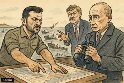 Zelensky and Putin face off on a seaside command deck as damaged cargo ships and an exploding sea drone appear offshore.
