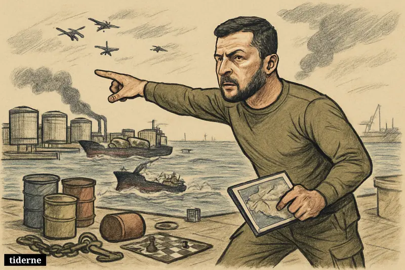 Caricature of Volodymyr Zelenskyj directing a strike toward an oil terminal and tankers as drones circle above a tense coastal war scene.