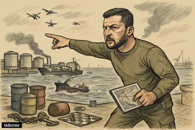 Caricature of Volodymyr Zelenskyj directing a strike toward an oil terminal and tankers as drones circle above a tense coastal war scene.