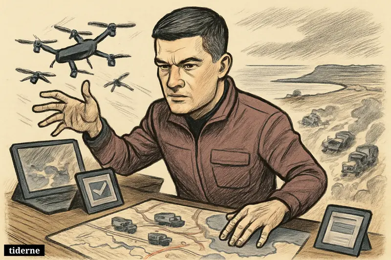 Caricature of Mykhailo Fedorov directing AI drones over a war map as Russian supply trucks are struck along rear logistics routes.