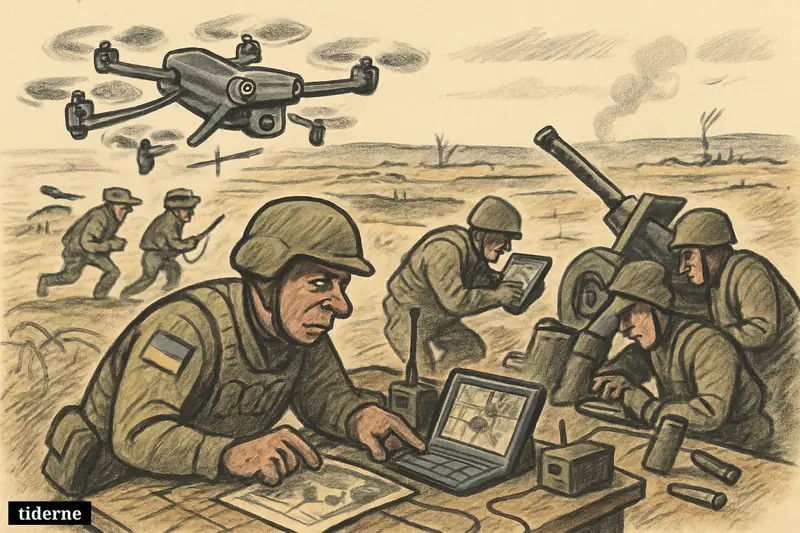 Caricature battlefield scene with drones guiding Ukrainian artillery and troops making cautious advances along a scarred front line.