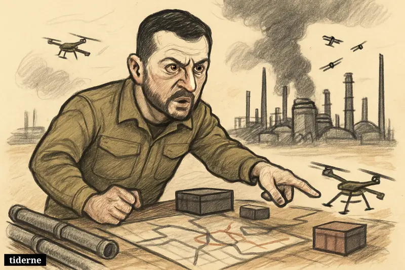Caricature of Zelenskyj directing drone strikes from a battle table toward a damaged Russian oil refinery with smoke and fuel infrastructure.