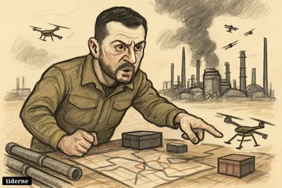 Caricature of Zelenskyj directing drone strikes from a battle table toward a damaged Russian oil refinery with smoke and fuel infrastructure.