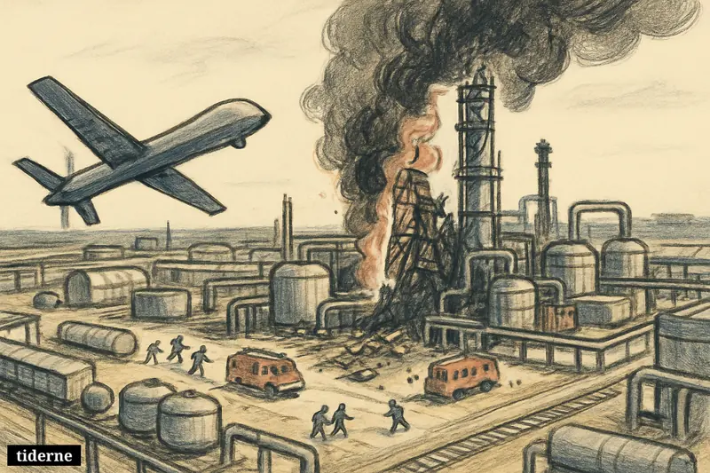 A drone pulls away from a damaged chemical plant, with shattered tanks, smoke, emergency vehicles, and workers moving through an industrial complex.