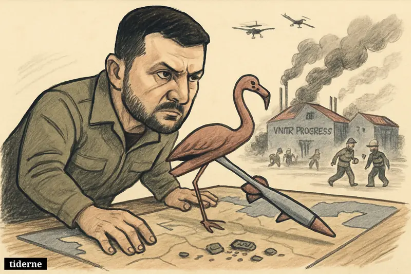 Caricature of Volodymyr Zelensky directing a missile strike across a map toward a damaged Russian weapons factory with drones overhead.