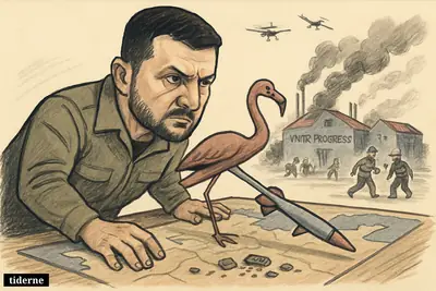Caricature of Volodymyr Zelensky directing a missile strike across a map toward a damaged Russian weapons factory with drones overhead.