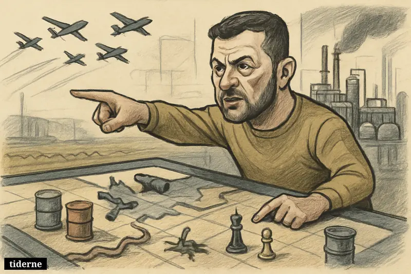 Caricature of Volodymyr Zelenskyj in a war room pointing across a map toward drones striking a distant oil refinery.