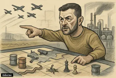 Caricature of Volodymyr Zelenskyj in a war room pointing across a map toward drones striking a distant oil refinery.