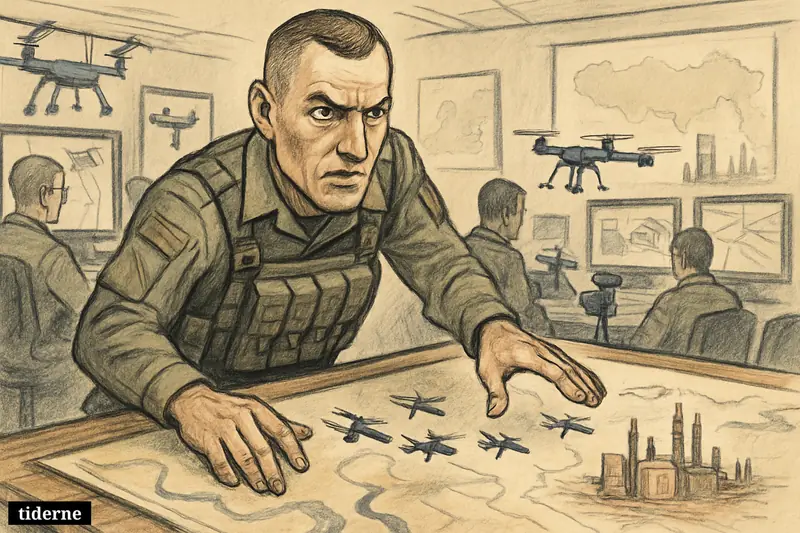 Robert Brovdi stands in a command room directing drones across a war map toward distant oil facilities and logistics targets.
