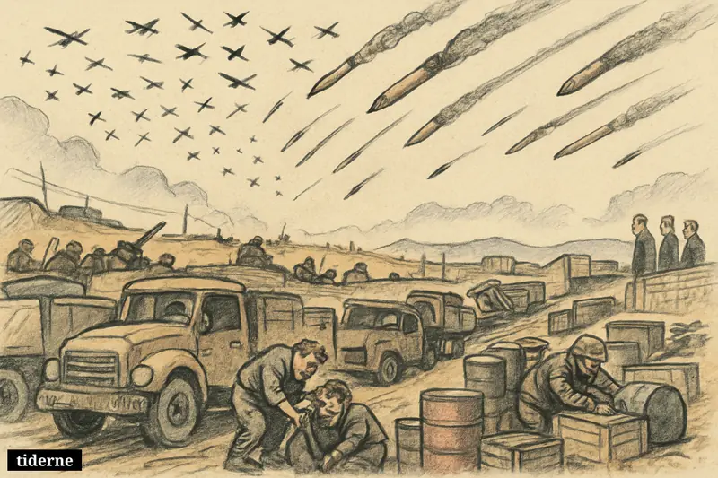 A war caricature shows exhausted Ukrainian supply lines under swarming drones and missiles, with weary soldiers and uncertain distant western allies.