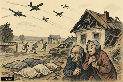 A caricature border village scene shows destroyed homes, three covered bodies, fleeing civilians, emergency workers, and attack drones overhead.