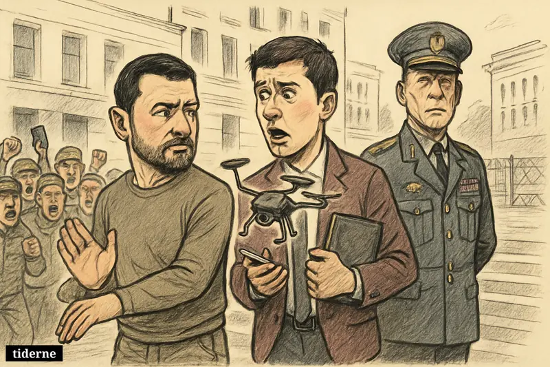 Zelenskyj turns away from Fedorov on government steps while soldiers and protesters in Kyiv react angrily, with Syrskyj standing rigid nearby. (AI-genereret illustration)