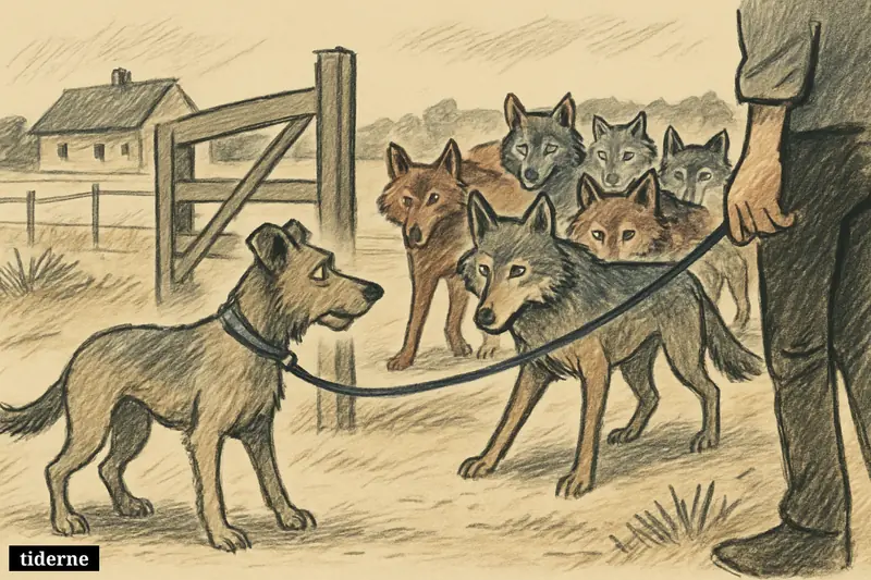 A tense dog near a farm gate faces a pack of six wolves approaching across a rural yard while a person stays at the edge.