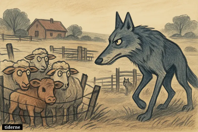 A wary wolf stands outside a damaged pasture fence while frightened sheep huddle together on a tense rural Jutland farm.