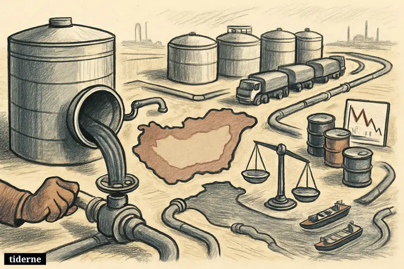 Strategic oil tanks in Hungary open as pipelines flow, tanker trucks queue, and energy-market pressure appears through charts, barrels, and a narrow shipping channel.