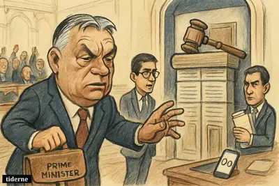 Viktor Orbán is blocked by a legal barrier in parliament while Balázs Orbán watches and lawmakers sit behind them after a vote.