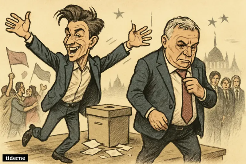 Péter Magyar celebrates on election night as a dejected Viktor Orbán steps back, with supporters, ballots, and Hungary’s parliament behind them.