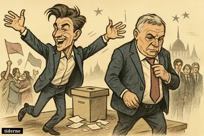 Péter Magyar celebrates on election night as a dejected Viktor Orbán steps back, with supporters, ballots, and Hungary’s parliament behind them.