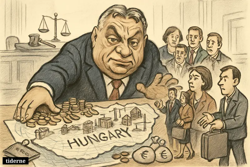 Caricature of Viktor Orbán diverting tourism money and projects to cronies while blocked tourists and symbols of corruption surround him.