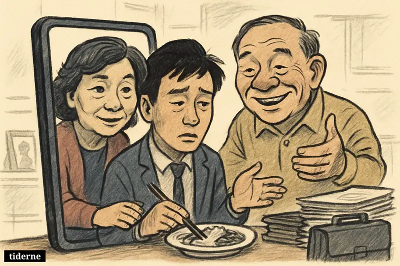 Two comforting Douyin influencers lean from a phone toward a weary young man eating alone, offering warmth and emotional support.