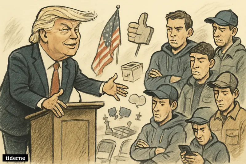 Donald Trump reaches toward a group of young men who look distracted, skeptical, and disengaged at a sparse political rally.
