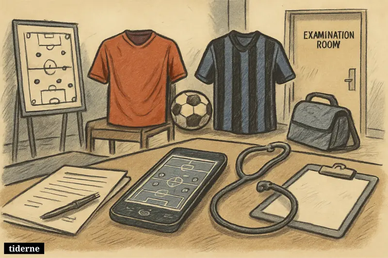 A football transfer office with a sports app phone, medical tools, jerseys, and a ball suggesting a pending move and medical check.