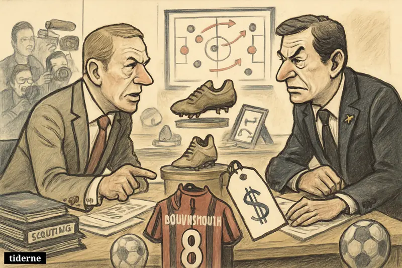 Two rival football club executives haggle over a Bournemouth player in a transfer room filled with scouting props and media cameras.