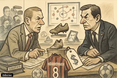 Two rival football club executives haggle over a Bournemouth player in a transfer room filled with scouting props and media cameras.