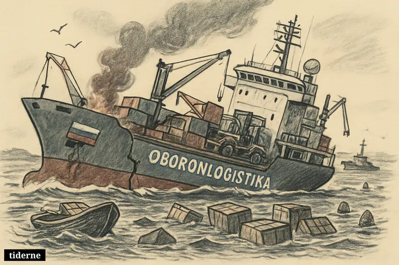 A damaged Russian cargo ship tilts in open water amid smoke, debris, military crates, and a distant patrol vessel.