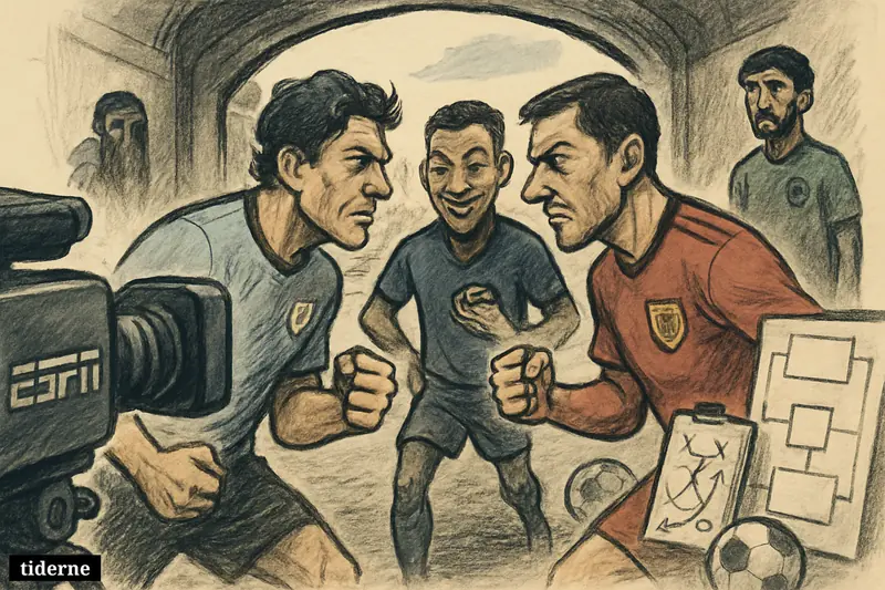 Football teams representing Uruguay and Spain face off in a tense stadium tunnel, with Cape Verde disrupting the scene and broadcast equipment nearby.