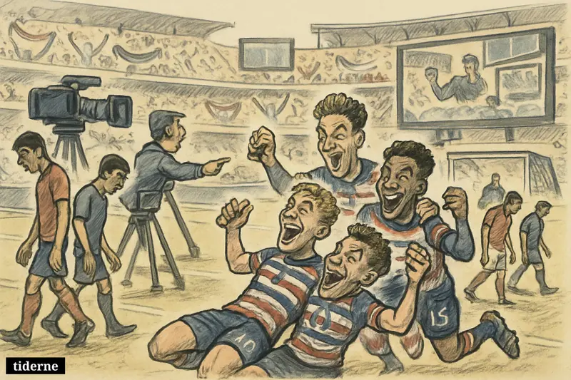 USA players celebrate a big World Cup opening win in Los Angeles as cameras and giant screens emphasize record television audience interest.